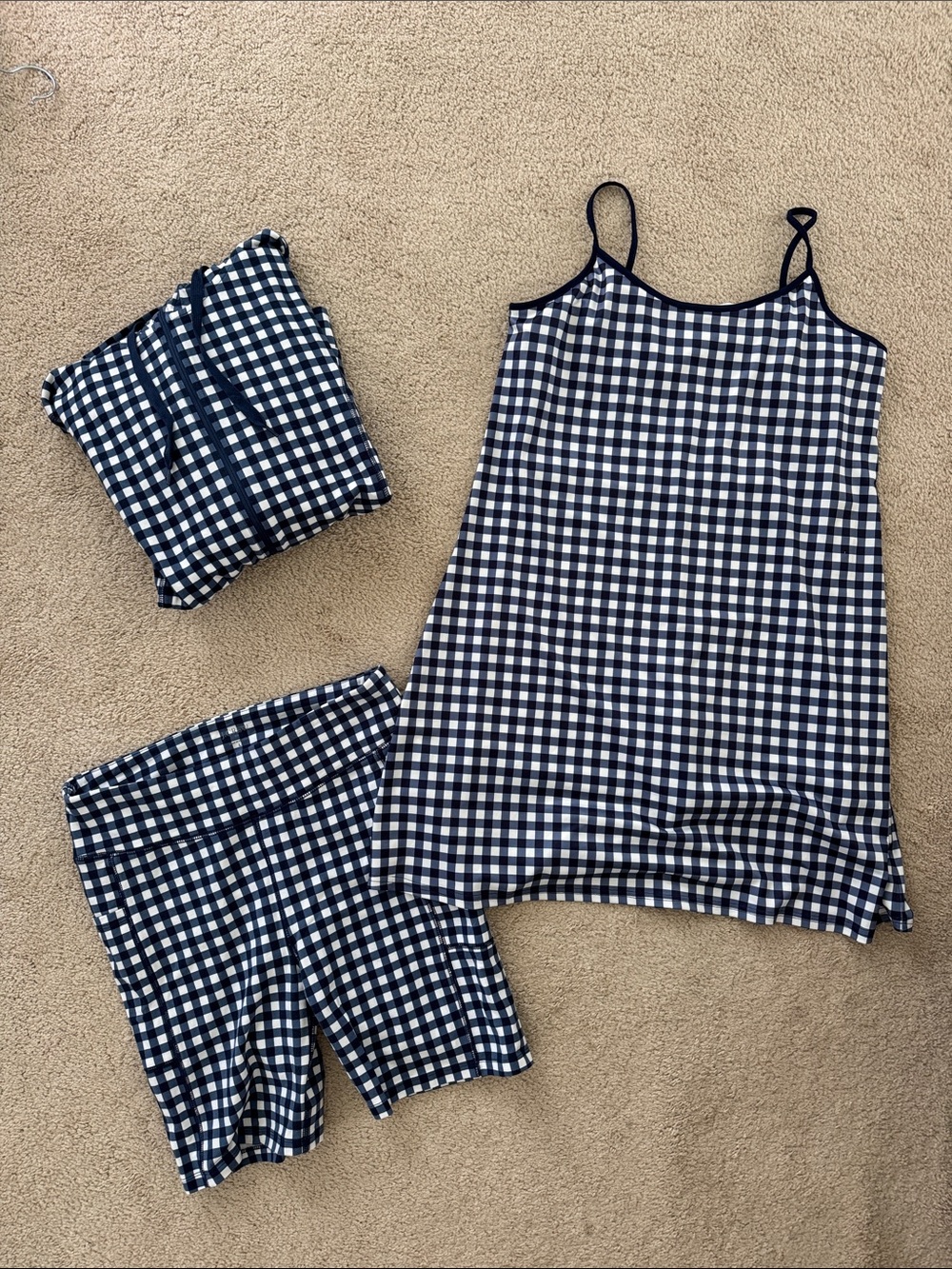 Navy and White Gingham athletic Set - jacket, dress, and biker shorts